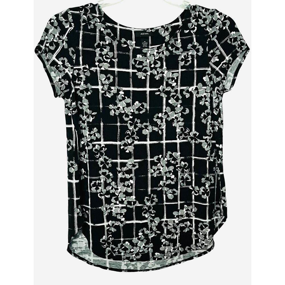 ALFANI CAP SLV PULL-OVER ROUND NECK BLOUSE, WOMENS, M-BLACK/WHITE FLORAL, HI-LOW